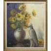 Bukiet żółtych kwiatów z papugą pastel na kartonie Mona Martry Belgia 1970r 65/67cm