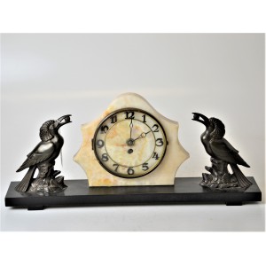 zegar kominkowy art deco marmur i ptaki brąz artystyczny (cynkal) Francja ok.1930r