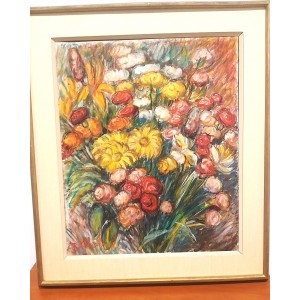 Olej na płótnie "Bukiet kwiatów" podpisany R. Hebrant 1981r Belgia  65/54cm