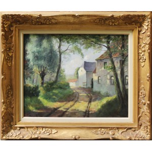 Olej na desce ,, Droga do fermy ,, Podpisany R . Ganip 44 Belgia 77/67 cm