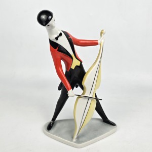 Muzyk jazzowy z wiolonczelą (kontrabasem), figurka w stylu Art Deco, J&aacute;nos T&ouml;r&ouml;k, Zsolnay Węgry lata 60te