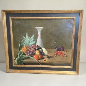 Martwa natura owoce i ptak olej na płótnie w drewnianej ramie XIXw 97/82cm