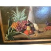 Martwa natura owoce i ptak olej na pł&oacute;tnie w drewnianej ramie XIXw 97/82cm