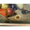 Martwa natura owoce i ptak olej na pł&oacute;tnie w drewnianej ramie XIXw 97/82cm