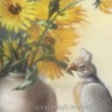 Bukiet ż&oacute;łtych kwiat&oacute;w z papugą pastel na kartonie Mona Martry Belgia 1970r 65/67cm
