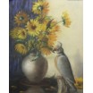 Bukiet ż&oacute;łtych kwiat&oacute;w z papugą pastel na kartonie Mona Martry Belgia 1970r 65/67cm