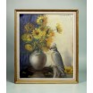 Bukiet ż&oacute;łtych kwiat&oacute;w z papugą pastel na kartonie Mona Martry Belgia 1970r 65/67cm