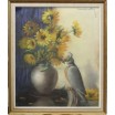 Bukiet ż&oacute;łtych kwiat&oacute;w z papugą pastel na kartonie Mona Martry Belgia 1970r 65/67cm